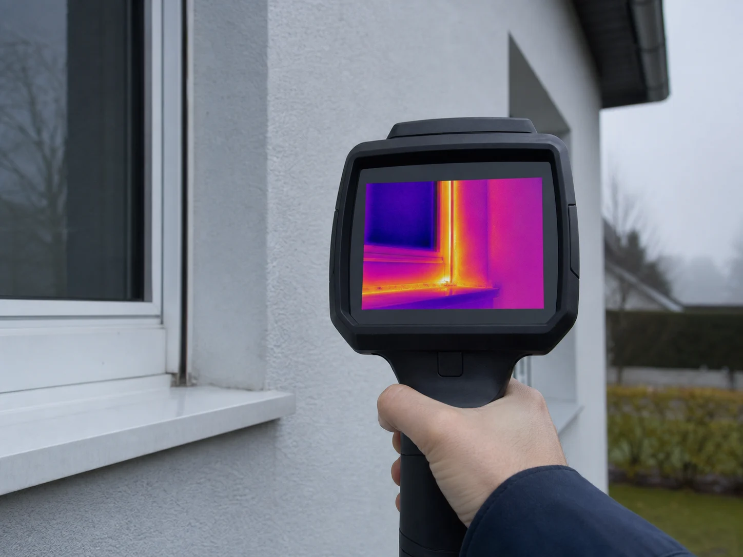 Thermografie-Aufnahme einer Hausfassade mit Wärmebildkamera