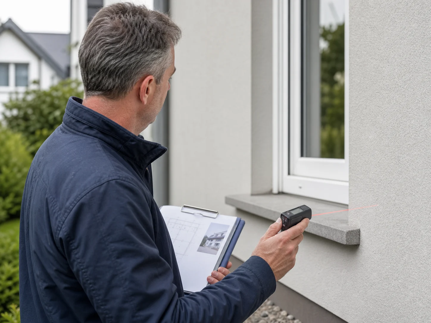 Sachverständiger prüft beim Ortstermin die Fassade eines Wohnhauses mit Lasermessgerät