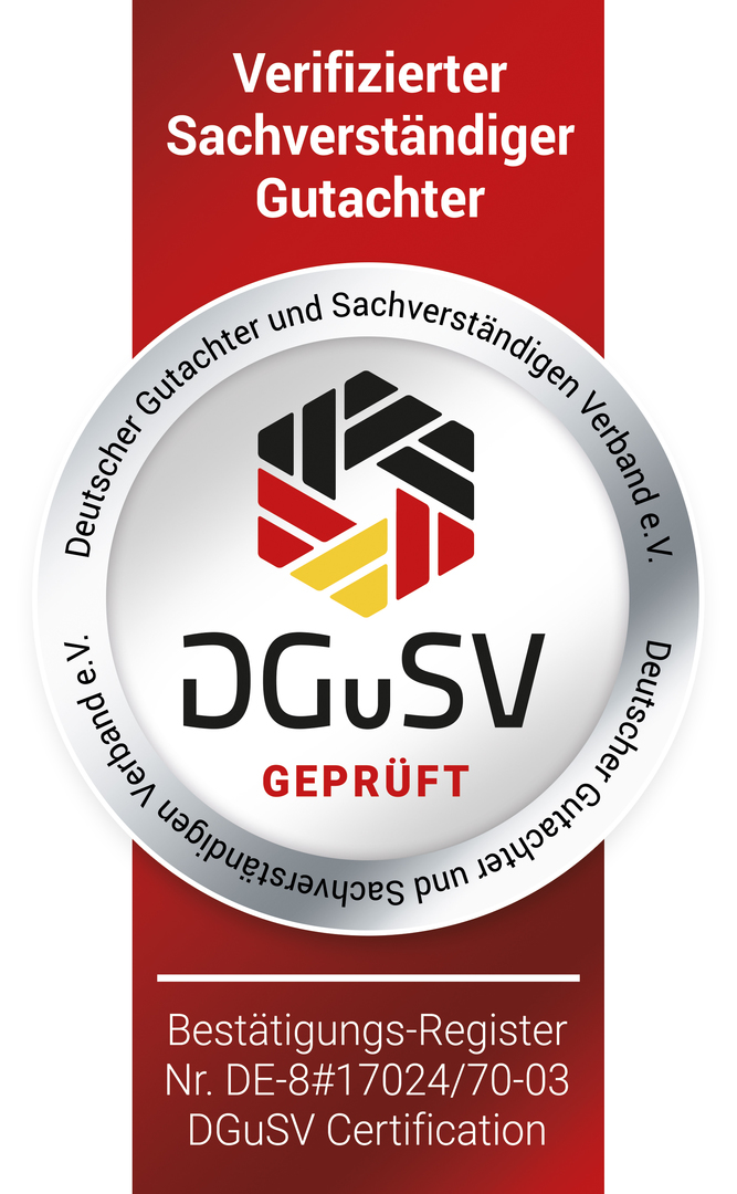 Zertifikat: Verifizierter Sachverständiger Gutachter, DGuSV Bestätigungs-Register Nr. DE-8#17024/70-03