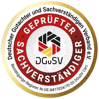 Siegel: Geprüfter Sachverständiger, Deutscher Gutachter und Sachverständigen Verband e.V.