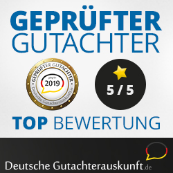 Siegel: Geprüfter Gutachter mit Top-Bewertung 5 von 5, Deutsche Gutachterauskunft